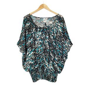 Marc Bouwer Dolman Sleeve Blouse Black and Teal Leopard Print Semi Sheer Blouson
